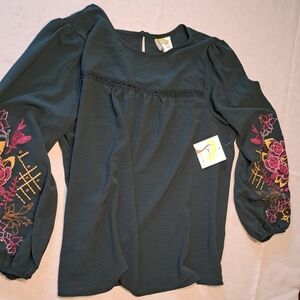 NWT Anthropologie Fig & Flower Blouse Woman L Green Floral Sleeve